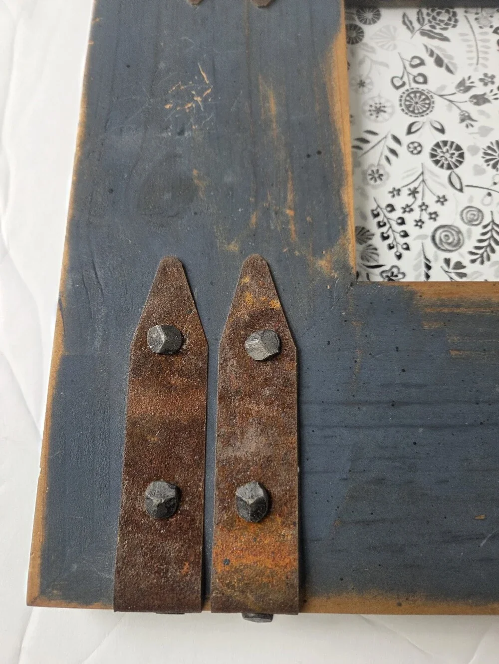 Rustic Vintage Blue Wooden Photo Frame with Distressed Metal Accents